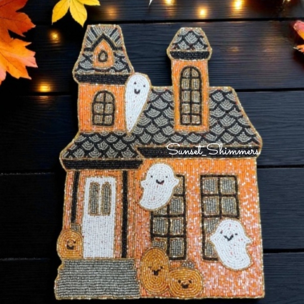 x4 Haunted House Halloween Ghost Pumpkin Shimmer Beaded Placemats CHARGERS Set